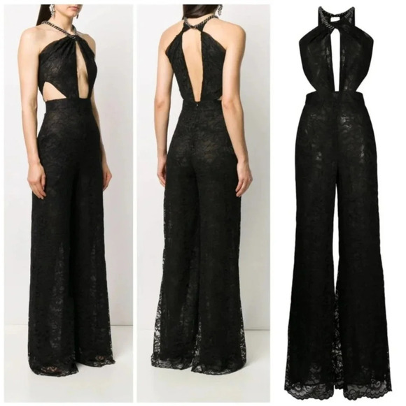 NEW Dundas Jumpsuit Black Halter Cutouts Embellished Open Back Lace Wide Pants - Picture 2 of 12
